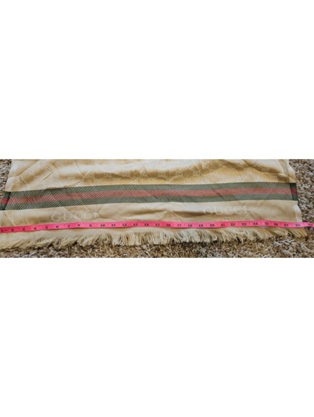 Authentic GUCCI Large Scarf Beige GG Monogram Silk Blend Fringe Web Stripe 30x75 - Picture 8 of 8